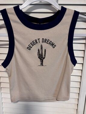 Women’s  Desert Cactus Tank Top - Cream with Navy Trim